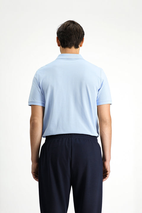 Uçuk Mavi Polo Yaka Regular Fit Nakışlı Pamuk Tişört