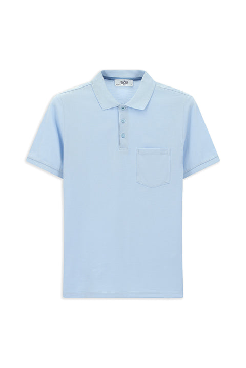 Uçuk Mavi Polo Yaka Regular Fit Nakışlı Pamuk Tişört