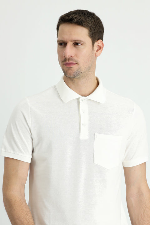 Beyaz Polo Yaka Regular Fit Nakışlı Pamuk Tişört