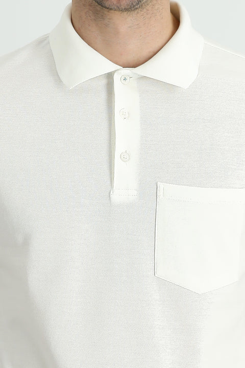 Beyaz Polo Yaka Regular Fit Nakışlı Pamuk Tişört