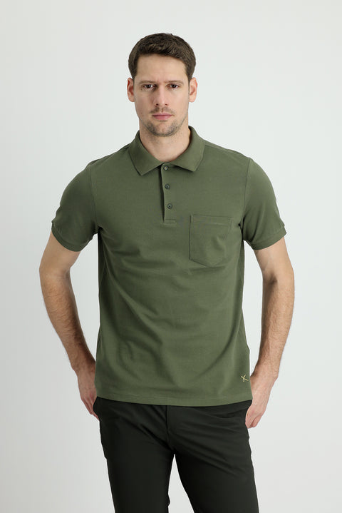 Orta Haki Polo Yaka Regular Fit Nakışlı Pamuk Tişört