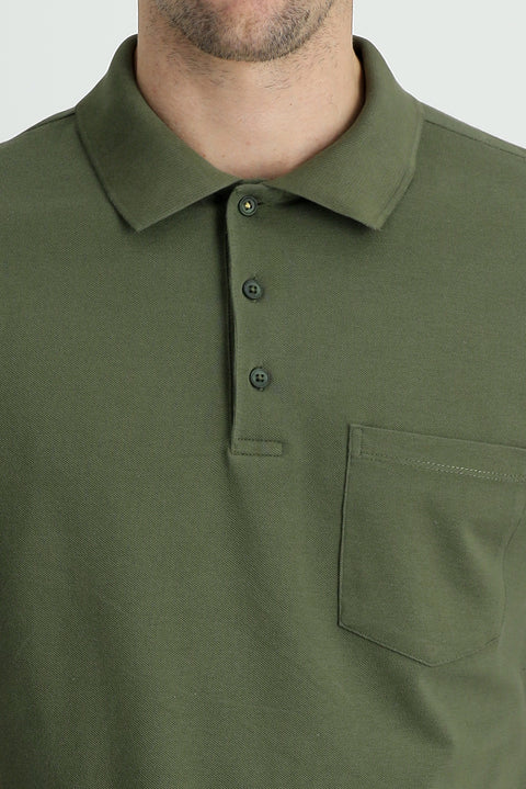 Orta Haki Polo Yaka Regular Fit Nakışlı Pamuk Tişört