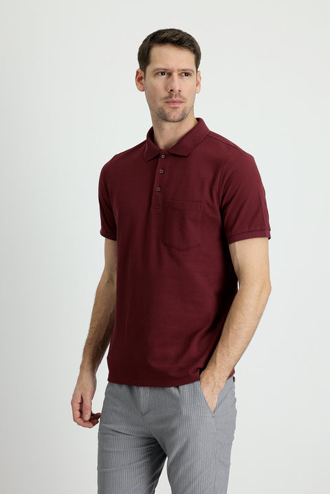 Koyu Bordo Polo Yaka Regular Fit Nakışlı Pamuk Tişört