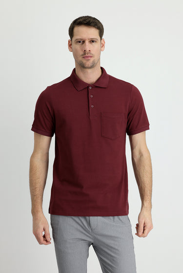  Koyu Bordo Polo Yaka Regular Fit Nakışlı Pamuk Tişört