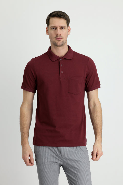 Koyu Bordo Polo Yaka Regular Fit Nakışlı Pamuk Tişört