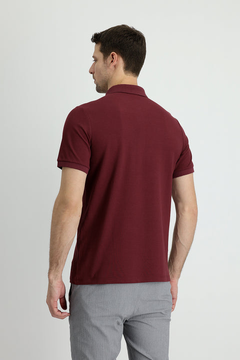 Koyu Bordo Polo Yaka Regular Fit Nakışlı Pamuk Tişört