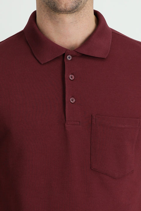 Koyu Bordo Polo Yaka Regular Fit Nakışlı Pamuk Tişört