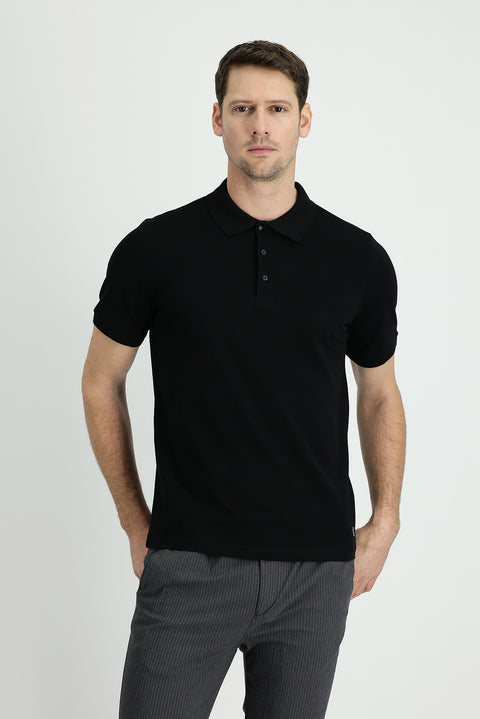 Siyah Polo Yaka Regular Fit Nakışlı Pamuk Tişört