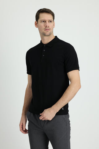  Siyah Polo Yaka Regular Fit Nakışlı Pamuk Tişört
