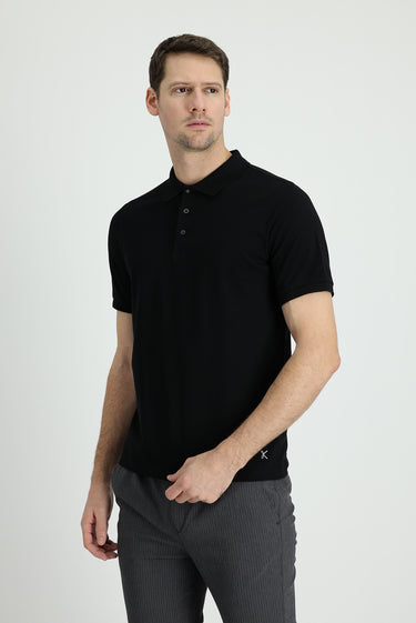 Siyah Polo Yaka Regular Fit Nakışlı Pamuk Tişört