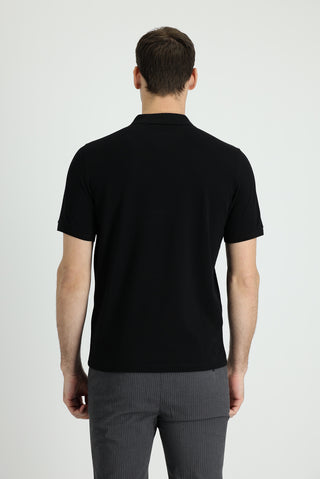 Siyah Polo Yaka Regular Fit Nakışlı Pamuk Tişört
