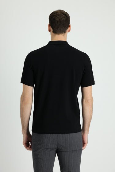 Siyah Polo Yaka Regular Fit Nakışlı Pamuk Tişört