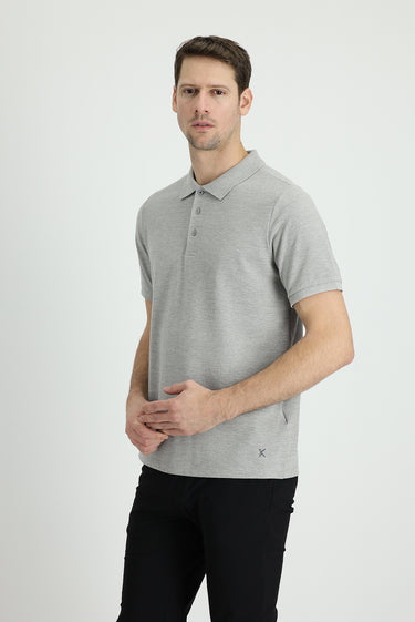  Orta Gri Melanj Polo Yaka Regular Fit Nakışlı Pamuk Tişört