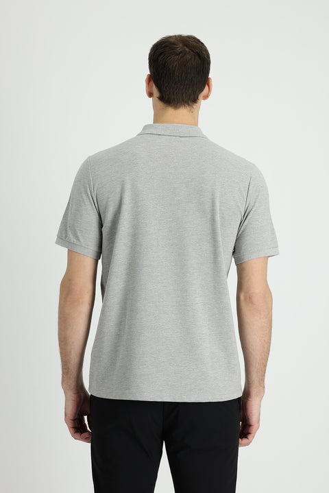 Orta Gri Melanj Polo Yaka Regular Fit Nakışlı Pamuk Tişört