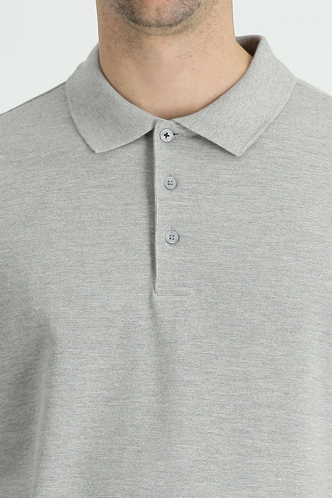 Orta Gri Melanj Polo Yaka Regular Fit Nakışlı Pamuk Tişört
