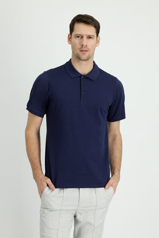  Lacivert Polo Yaka Regular Fit Nakışlı Pamuk Tişört