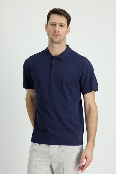 Lacivert Polo Yaka Regular Fit Nakışlı Pamuk Tişört