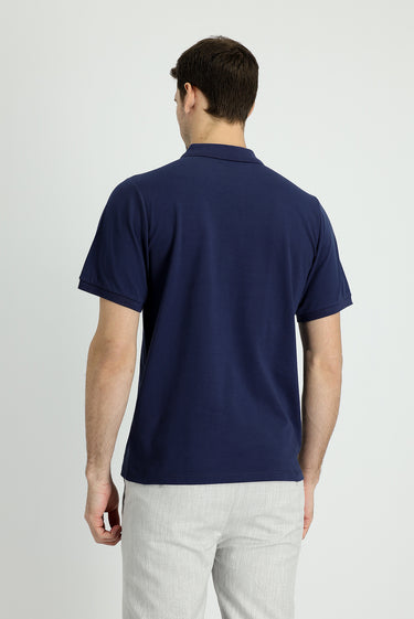 Lacivert Polo Yaka Regular Fit Nakışlı Pamuk Tişört