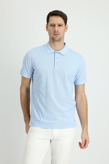 Uçuk Mavi Polo Yaka Regular Fit Nakışlı Pamuk Tişört