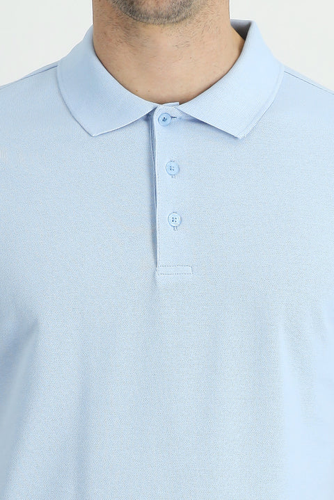 Uçuk Mavi Polo Yaka Regular Fit Nakışlı Pamuk Tişört