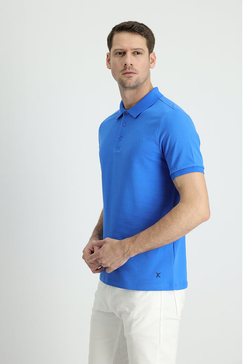 Çivit Mavisi Polo Yaka Regular Fit Nakışlı Pamuk Tişört