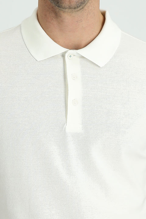 Beyaz Polo Yaka Regular Fit Nakışlı Pamuk Tişört
