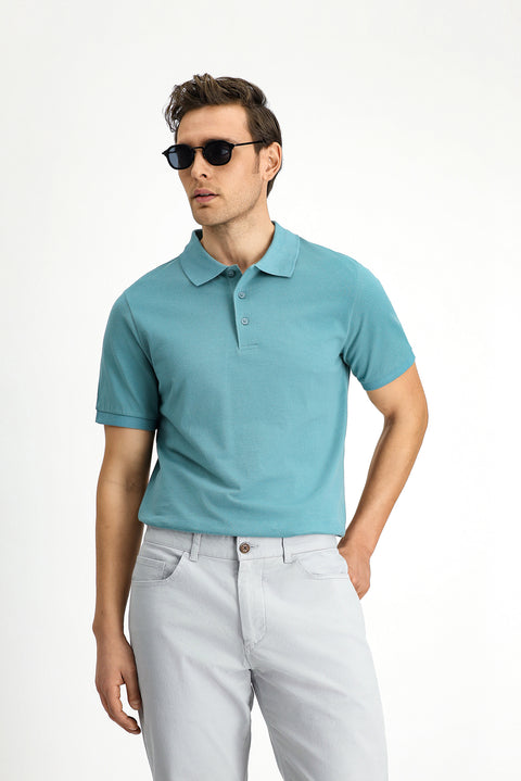 Küf Yeşili Polo Yaka Regular Fit Nakışlı Pamuk Tişört