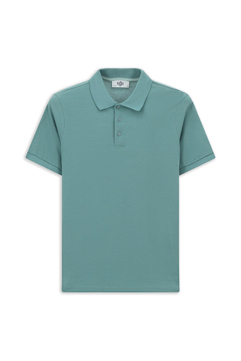 Küf Yeşili Polo Yaka Regular Fit Nakışlı Pamuk Tişört