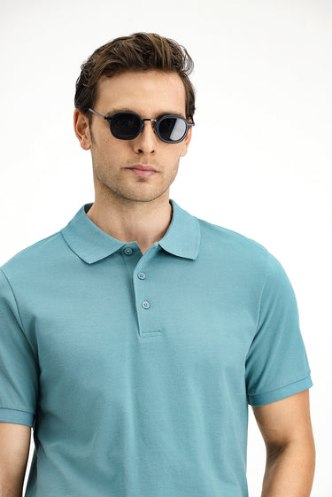 Küf Yeşili Polo Yaka Regular Fit Nakışlı Pamuk Tişört