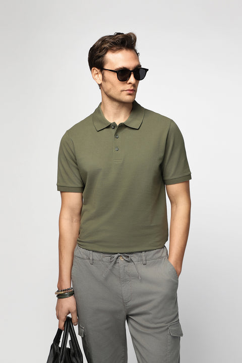 Orta Haki Polo Yaka Regular Fit Nakışlı Pamuk Tişört