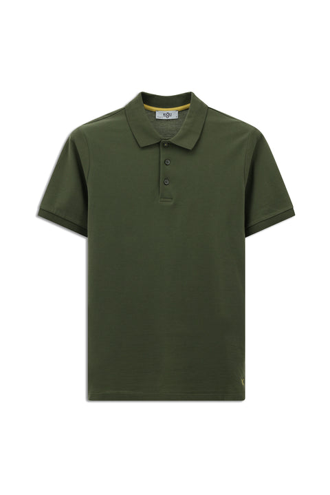 Orta Haki Polo Yaka Regular Fit Nakışlı Pamuk Tişört