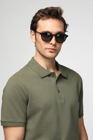  Orta Haki Polo Yaka Regular Fit Nakışlı Pamuk Tişört