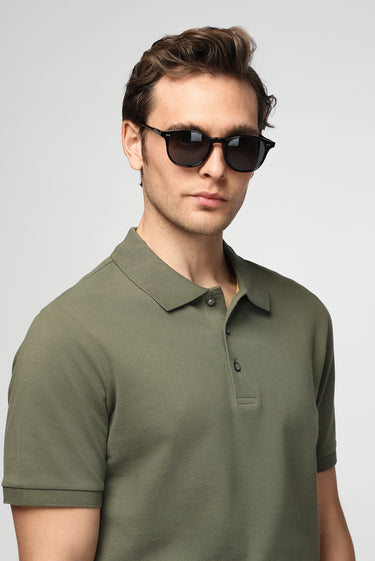 Orta Haki Polo Yaka Regular Fit Nakışlı Pamuk Tişört