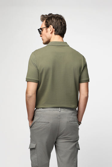 Orta Haki Polo Yaka Regular Fit Nakışlı Pamuk Tişört