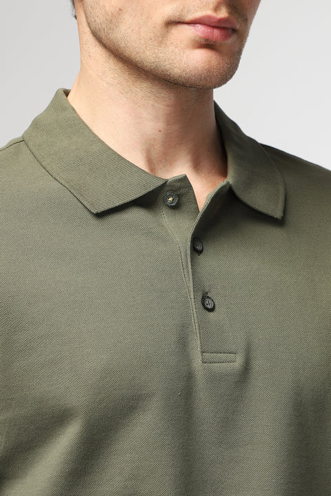 Orta Haki Polo Yaka Regular Fit Nakışlı Pamuk Tişört