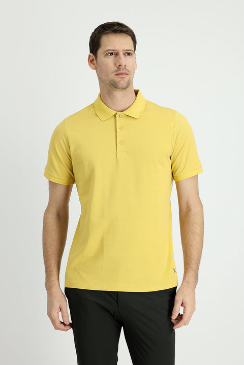 Sarı Polo Yaka Regular Fit Nakışlı Pamuk Tişört