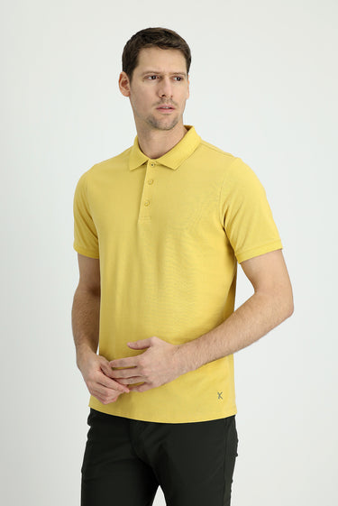 Sarı Polo Yaka Regular Fit Nakışlı Pamuk Tişört