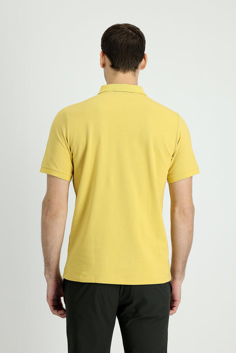 Sarı Polo Yaka Regular Fit Nakışlı Pamuk Tişört
