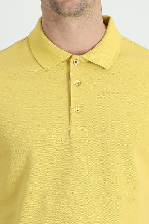 Sarı Polo Yaka Regular Fit Nakışlı Pamuk Tişört