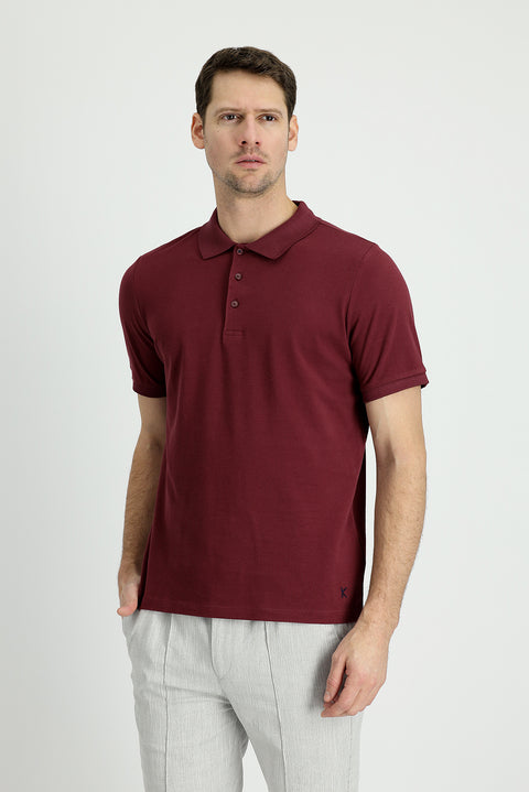 Koyu Bordo Polo Yaka Regular Fit Nakışlı Pamuk Tişört