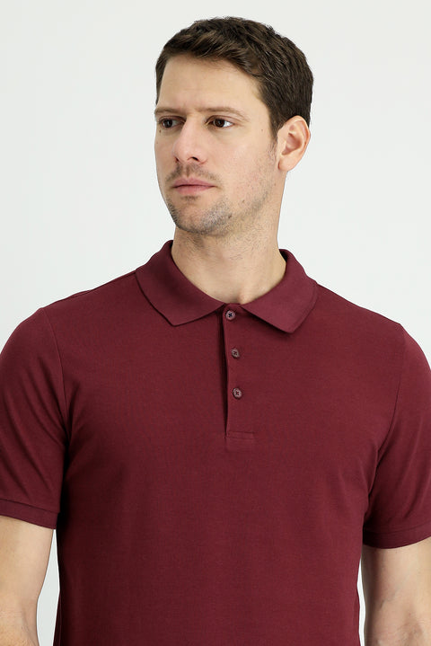 Koyu Bordo Polo Yaka Regular Fit Nakışlı Pamuk Tişört