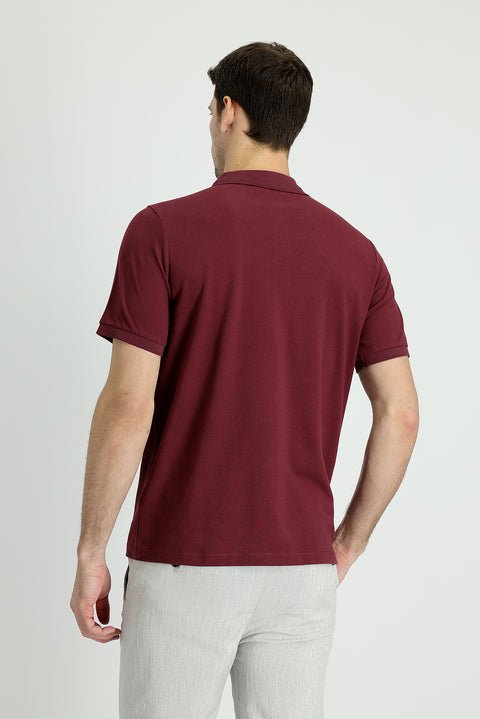 Koyu Bordo Polo Yaka Regular Fit Nakışlı Pamuk Tişört