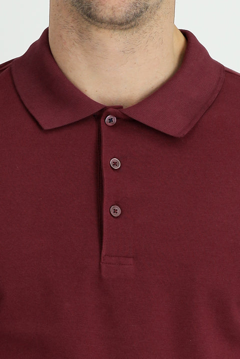 Koyu Bordo Polo Yaka Regular Fit Nakışlı Pamuk Tişört