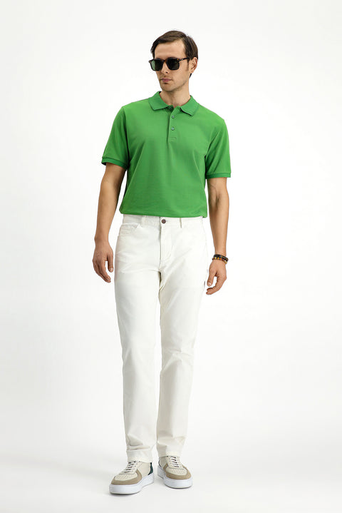 Çimen Yeşili Polo Yaka Regular Fit Nakışlı Pamuk Tişört