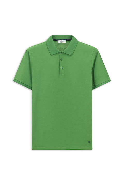 Çimen Yeşili Polo Yaka Regular Fit Nakışlı Pamuk Tişört