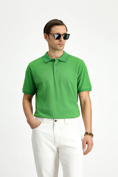 Çimen Yeşili Polo Yaka Regular Fit Nakışlı Pamuk Tişört