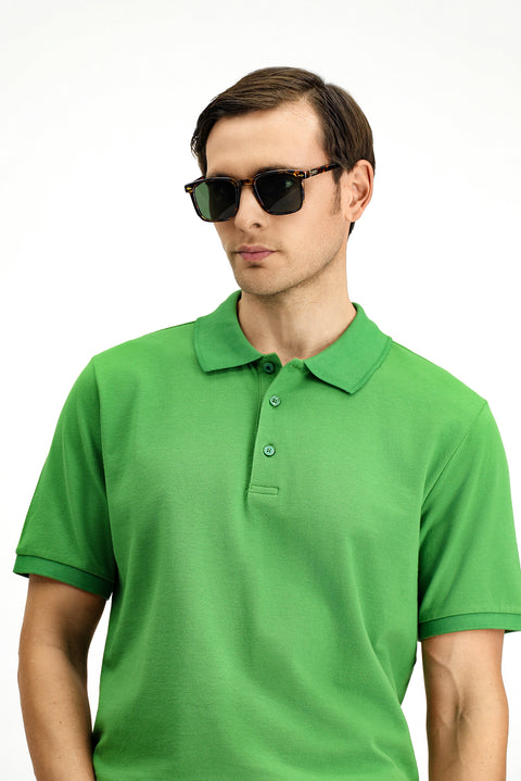 Çimen Yeşili Polo Yaka Regular Fit Nakışlı Pamuk Tişört