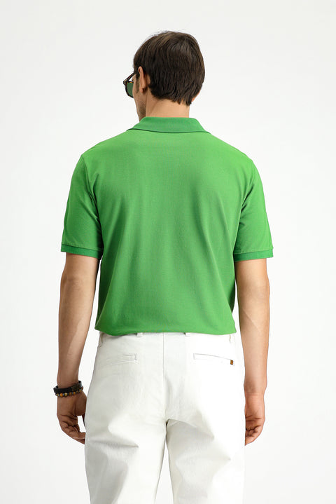 Çimen Yeşili Polo Yaka Regular Fit Nakışlı Pamuk Tişört