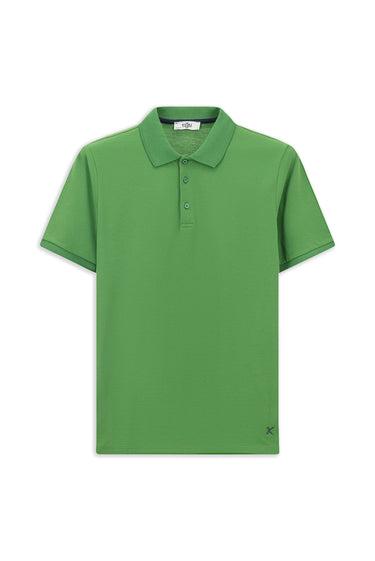Çimen Yeşili Polo Yaka Regular Fit Nakışlı Pamuk Tişört