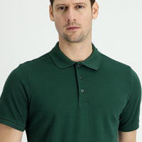 Koyu Yeşil Polo Yaka Regular Fit Nakışlı Pamuk Tişört
